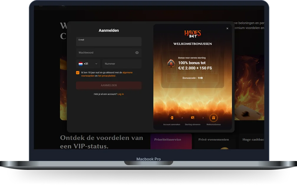 Hadesbet Casino registratie en welkomstbonus op MacBook Pro Hadesbet Casino aanmeldscherm op MacBook Pro met welkomstbonus van 100% tot € 2.000 + 150 gratis spins