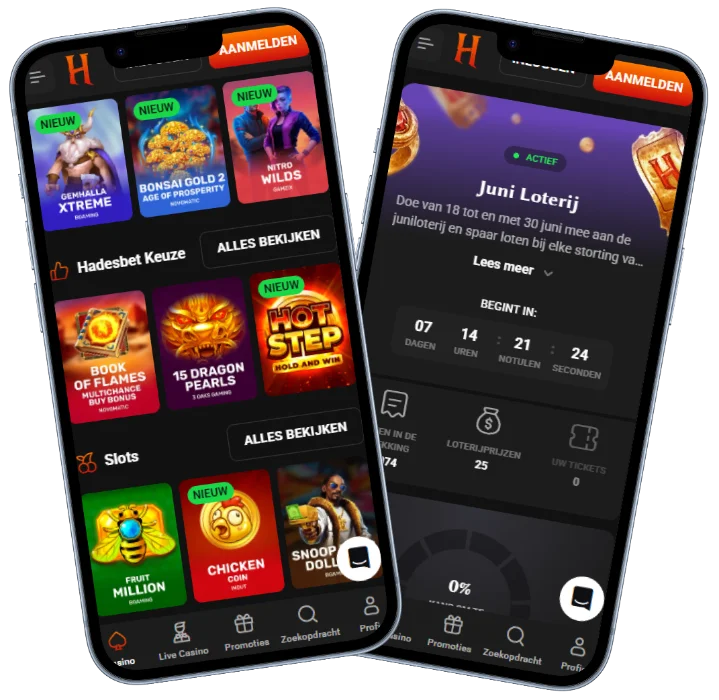 Hadesbet Casino mobiele app promoties en loterij overzicht Hadesbet Casino mobiele app met spellen overzicht, promoties en Juni Loterij op verschillende schermen