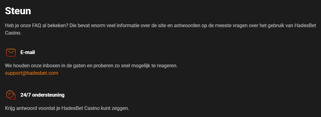 Hadesbet Casino klantenservice en ondersteuning Hadesbet Casino ondersteuning met e-mail support en 24/7 klantenservice informatie